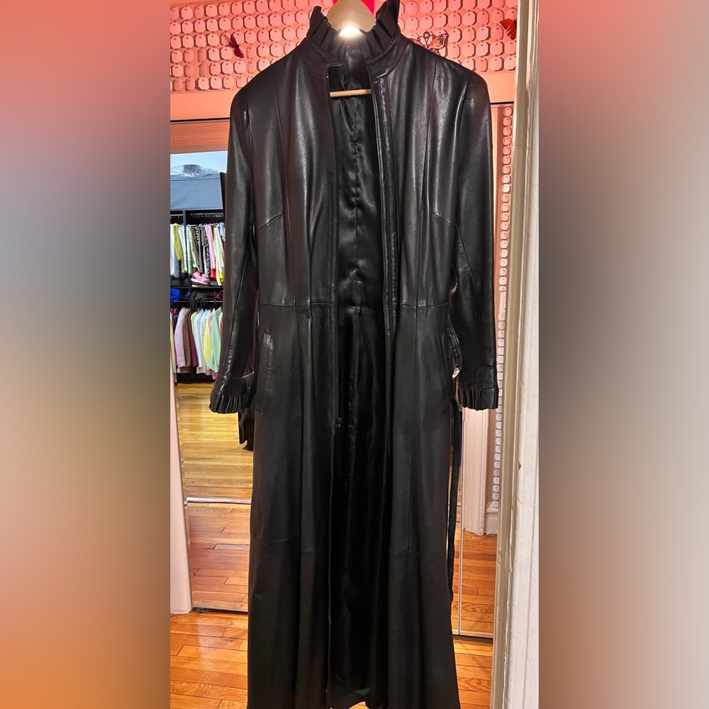 Long black genuine lambskin leather coat size 6